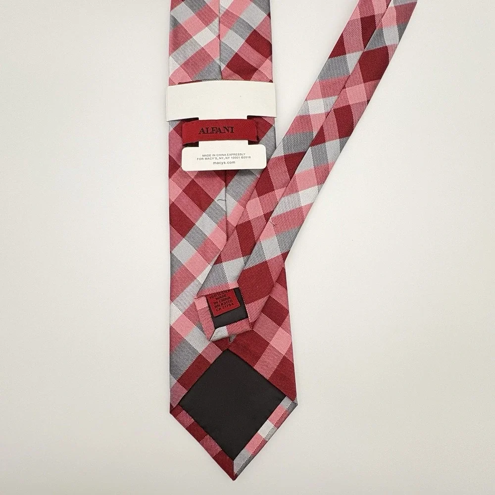 Aflani Spectrum Red & Gray Plaid Pattern Silk Necktie NEW - Picture 4 of 9